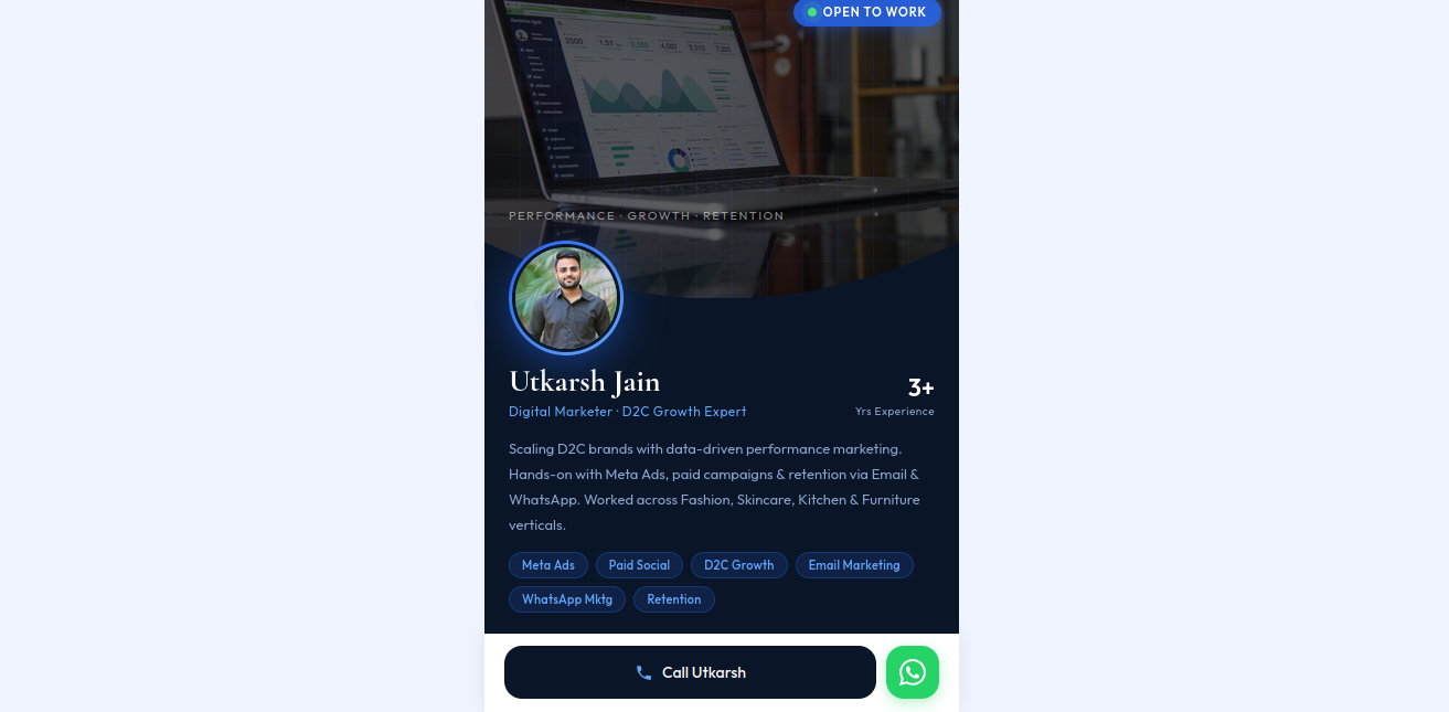 Utkarsh Jain digital marketer VCard portfolio with dark navy professional design
